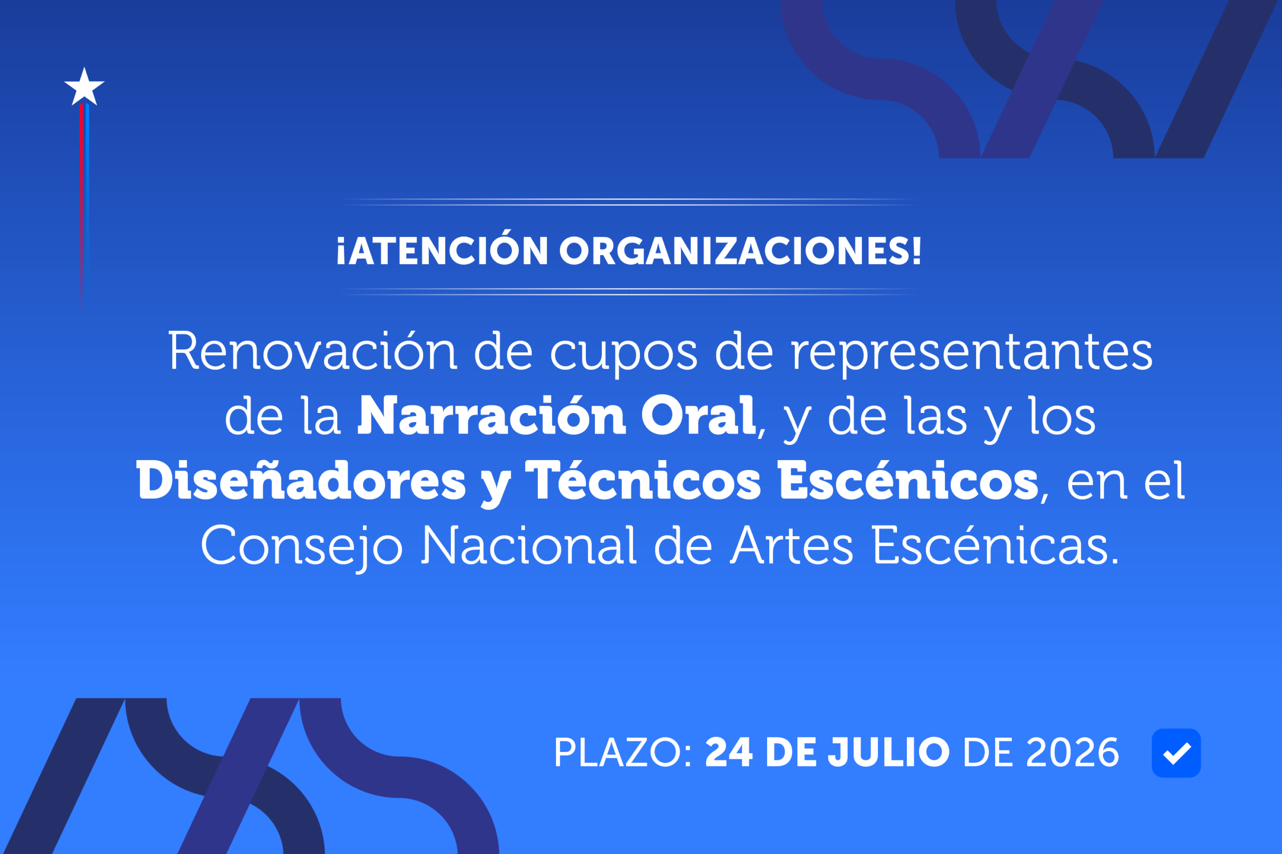 Abierta convocatoria para renovar el cupo de las personas representante de la Narración Oral y el Diseño y Técnica Escénica en el Consejo Nacional de Artes Escénicas